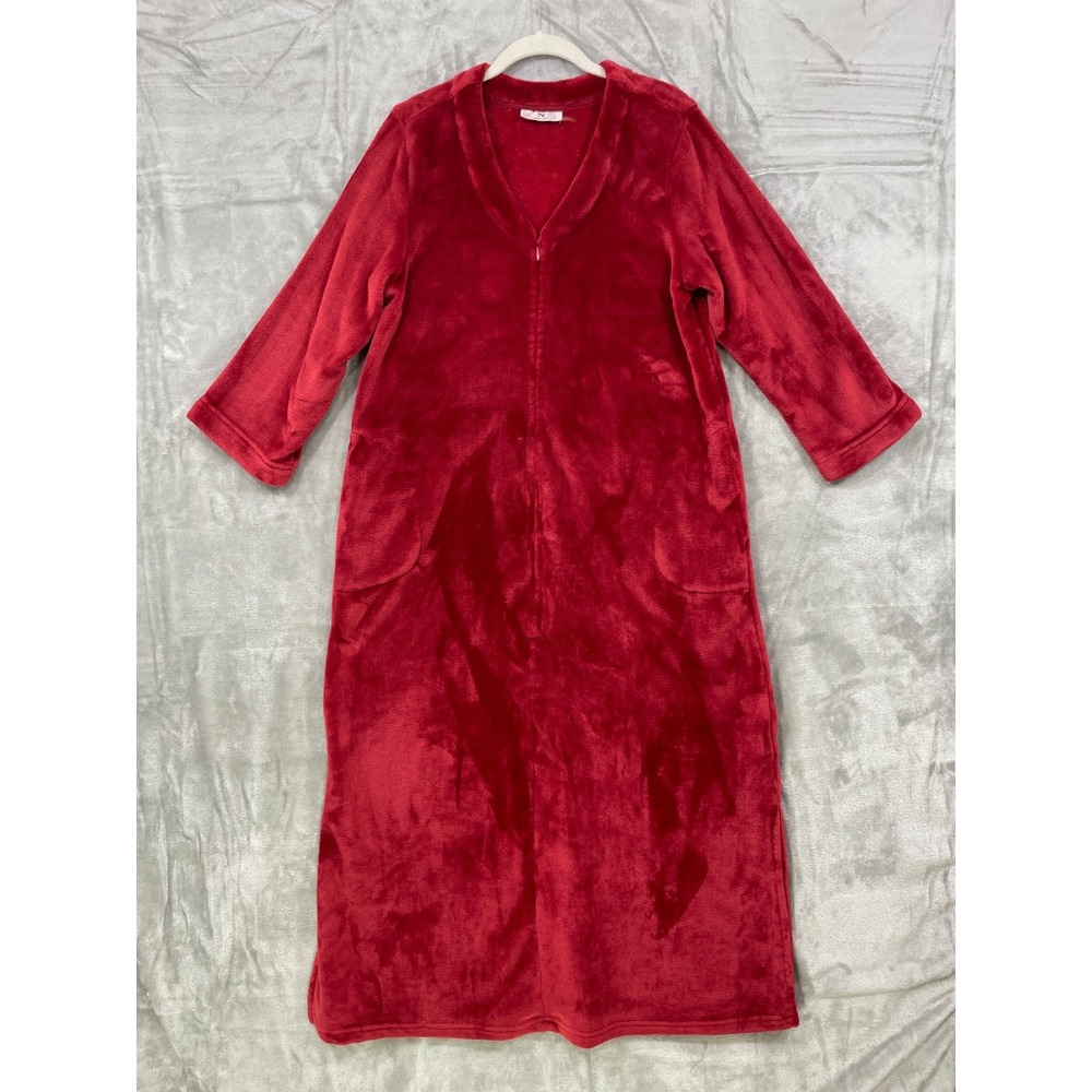 Natori Luxurious Plush SMALL House Dress Caftan Red Soft Cozy Zip‎ Up Lounge 51"